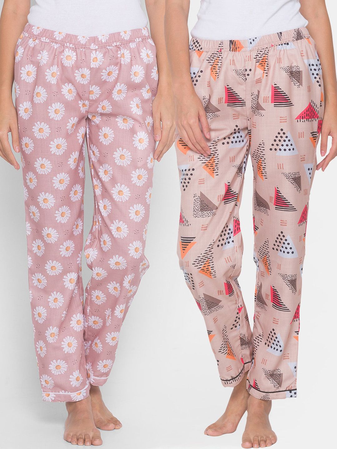 FashionRack Women Pack of 2 Beige & Pink Cotton Printed Lounge Pants Price in India