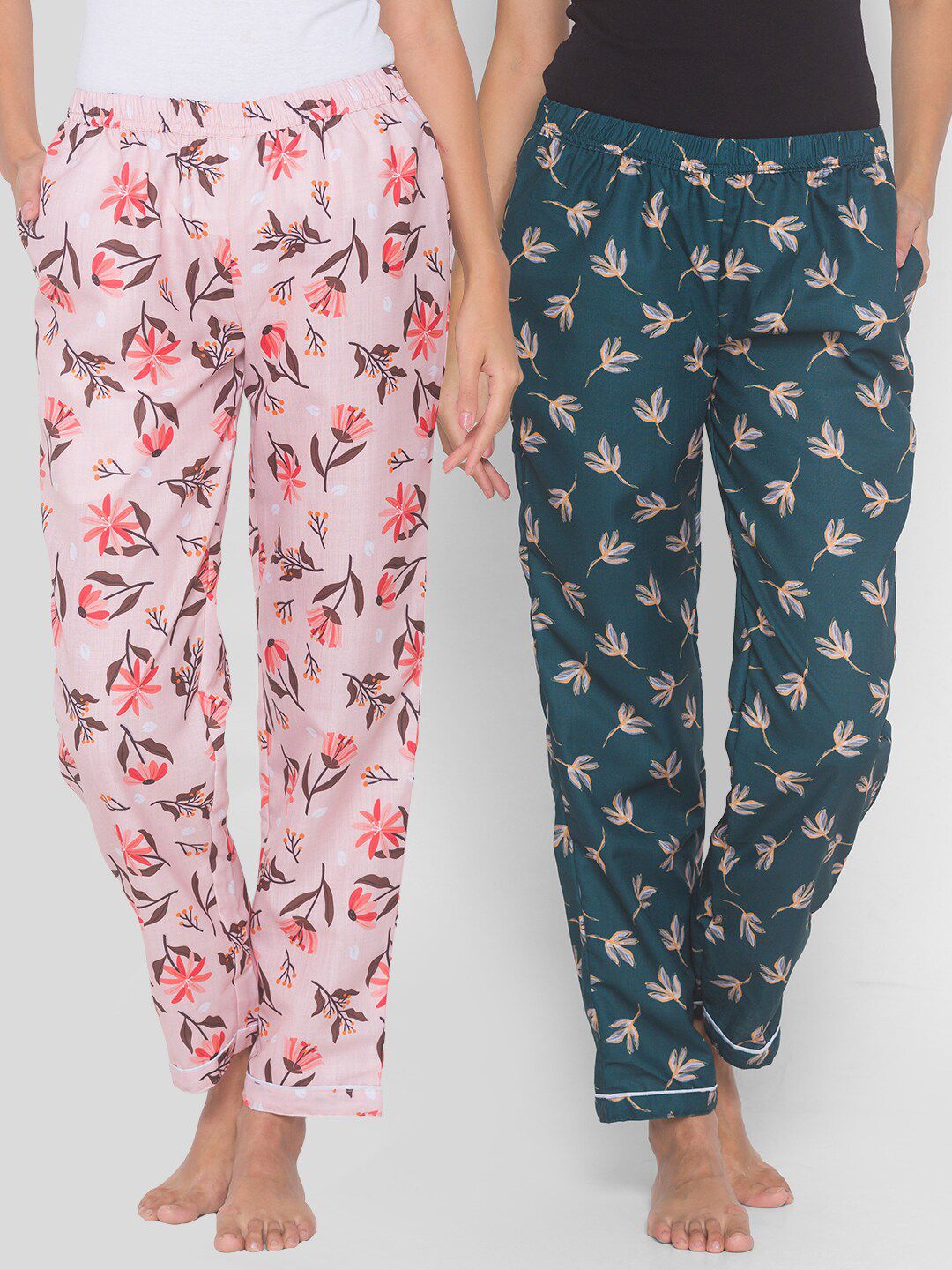 FashionRack Women Pack of 2 Pink & Green Cotton Printed Lounge Pants Price in India