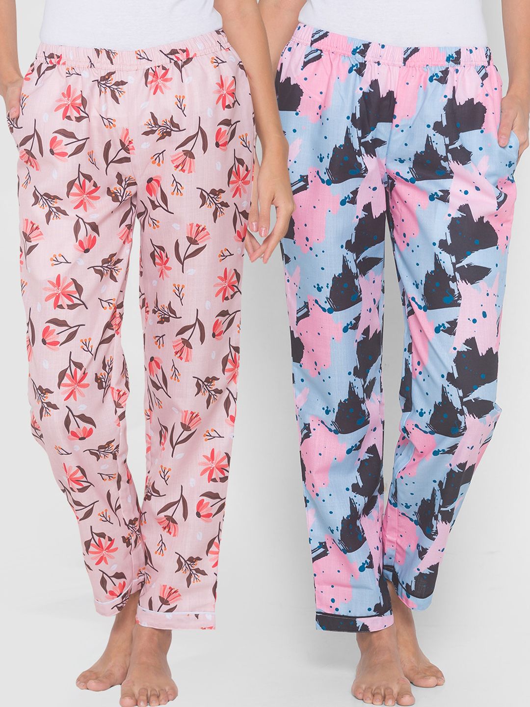 FashionRack Women Pink & Blue Pack of 2 Cotton Printed Pyjamas Price in India