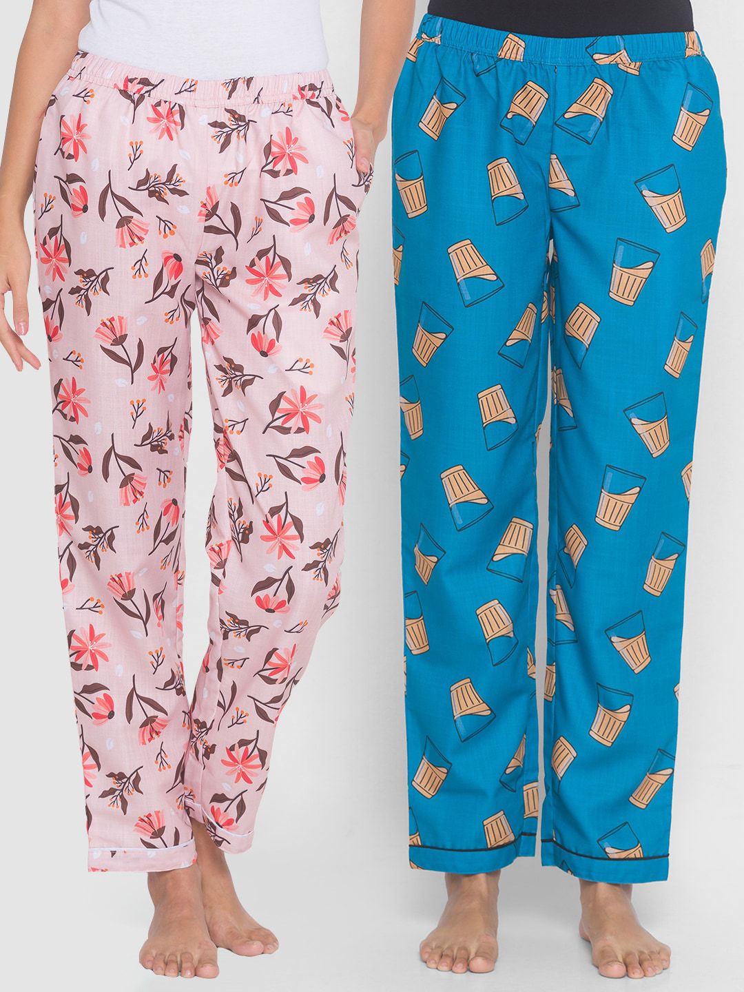 FashionRack Women Pink & Blue Pack of 2 Printed Cotton Lounge Pants Price in India