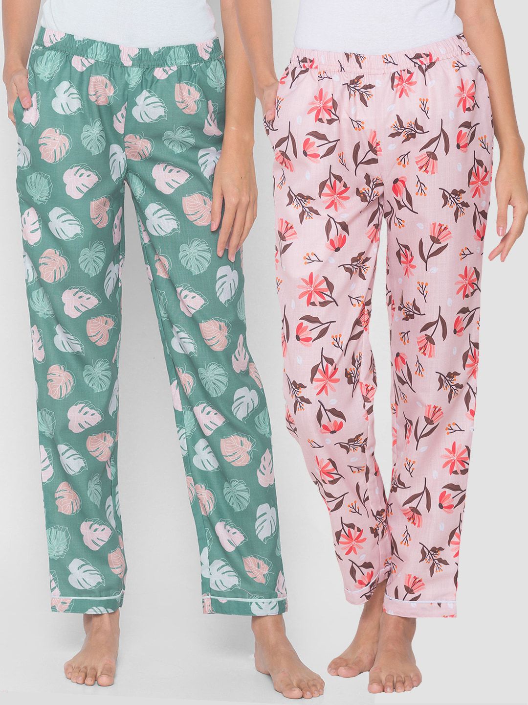 FashionRack Women Pack of 2 Pink & Green Cotton Printed Lounge Pants Price in India