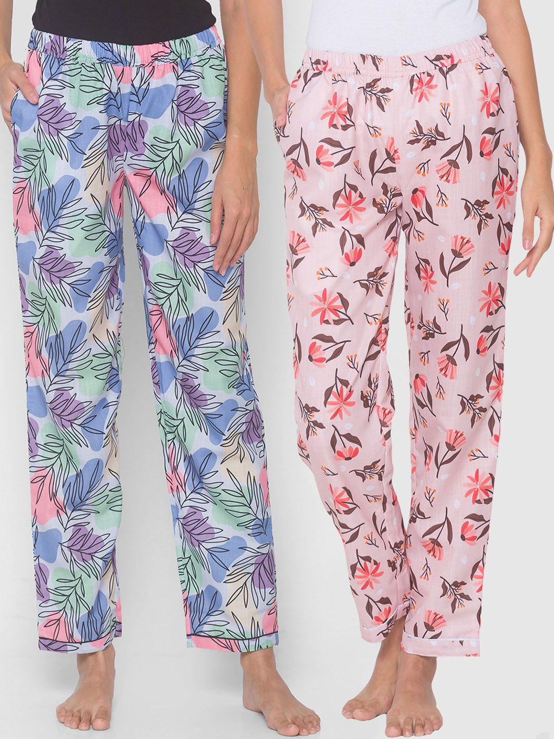 FashionRack Women Pack of 2 Pink & Blue Cotton Printed Lounge Pants Price in India