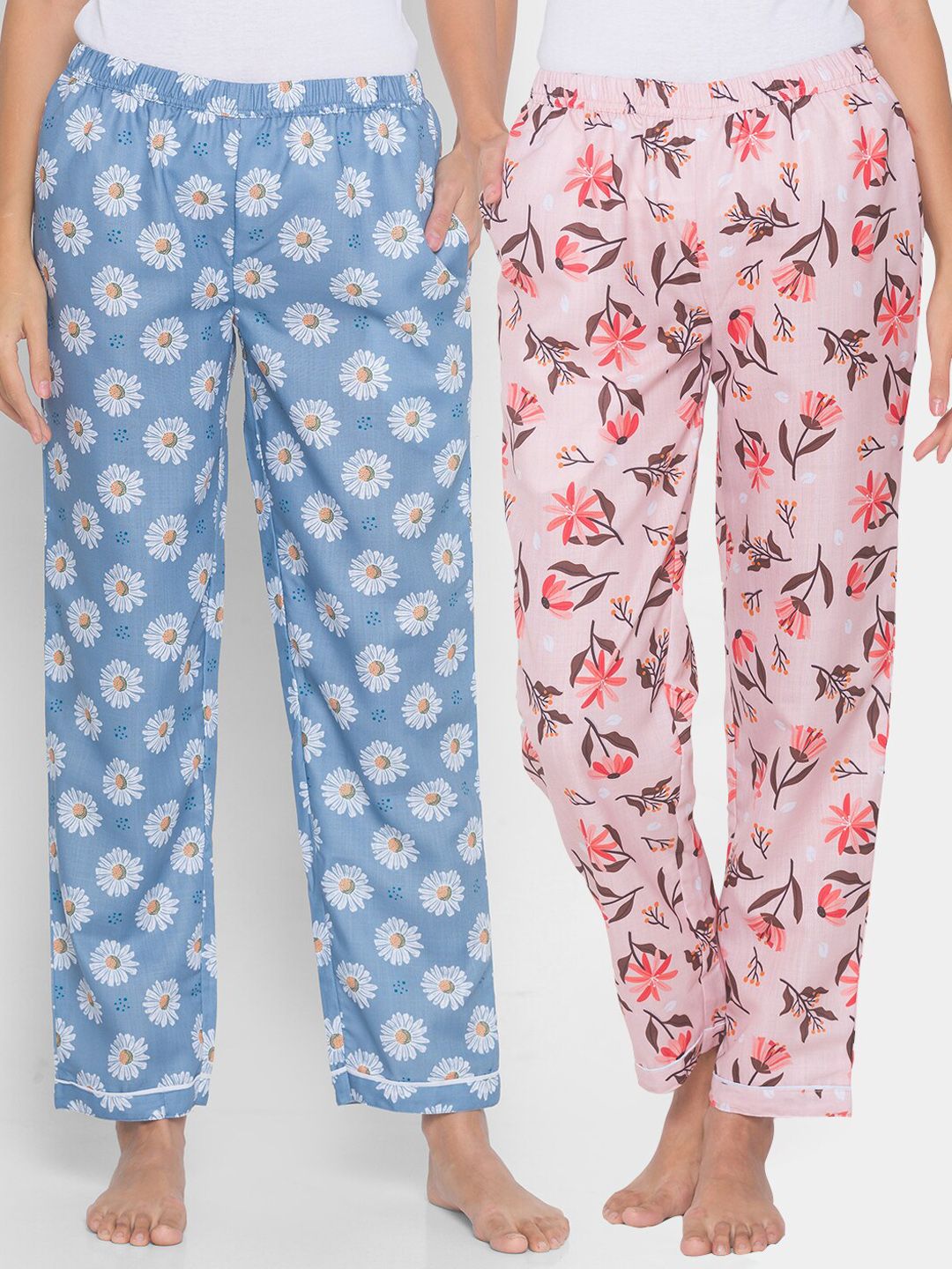 FashionRack Women Pack of 2 Pink & Blue Printed Lounge Pants Price in India