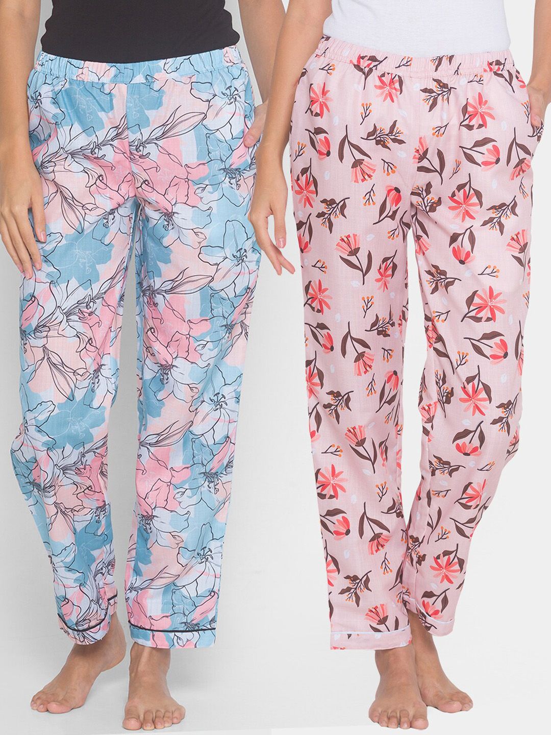 FashionRack Women Pack of 2 Pink & Blue Printed Lounge Pants Price in India