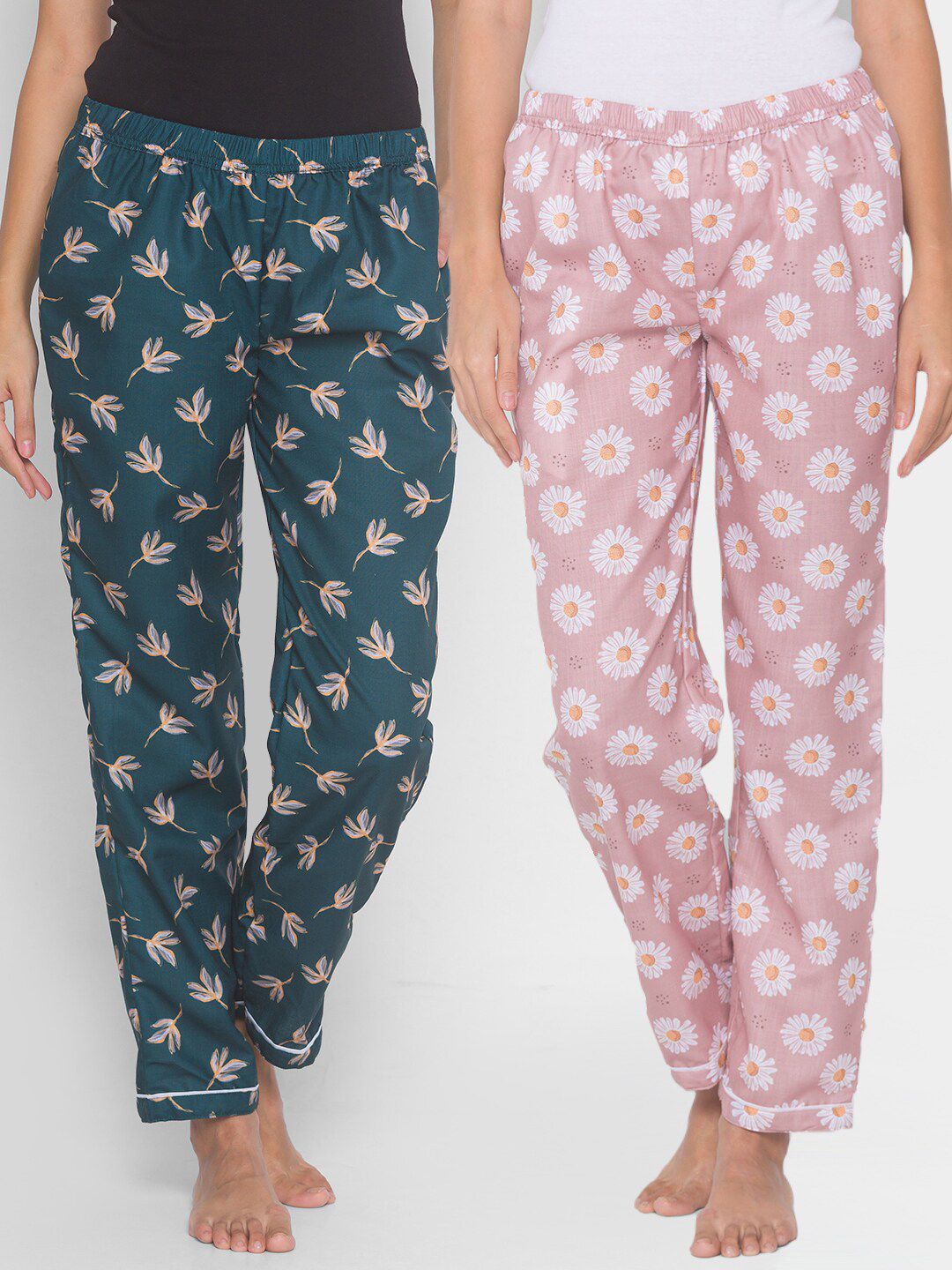 FashionRack Women Pink & Green Pack of 2 Printed Cotton Lounge Pants Price in India