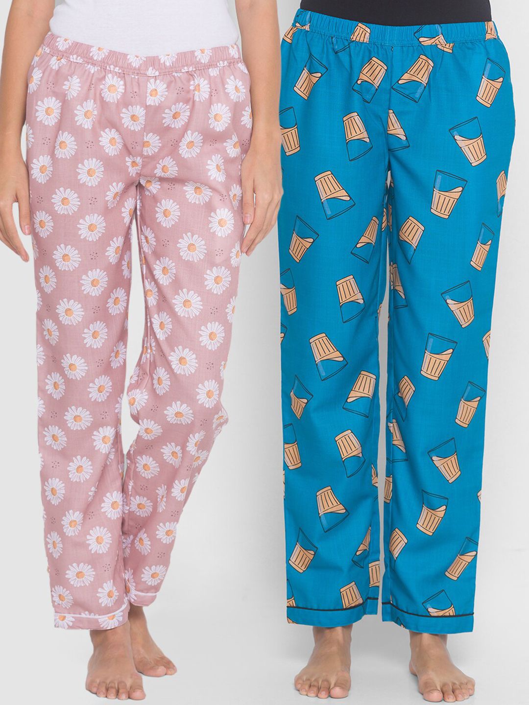 FashionRack Women Pack of 2 Pink & Blue Cotton Printed Lounge Pants Price in India