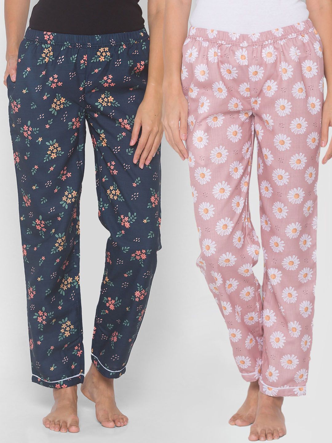 FashionRack Women Pack of 2 Pink & Navy Blue Printed Lounge Pants Price in India