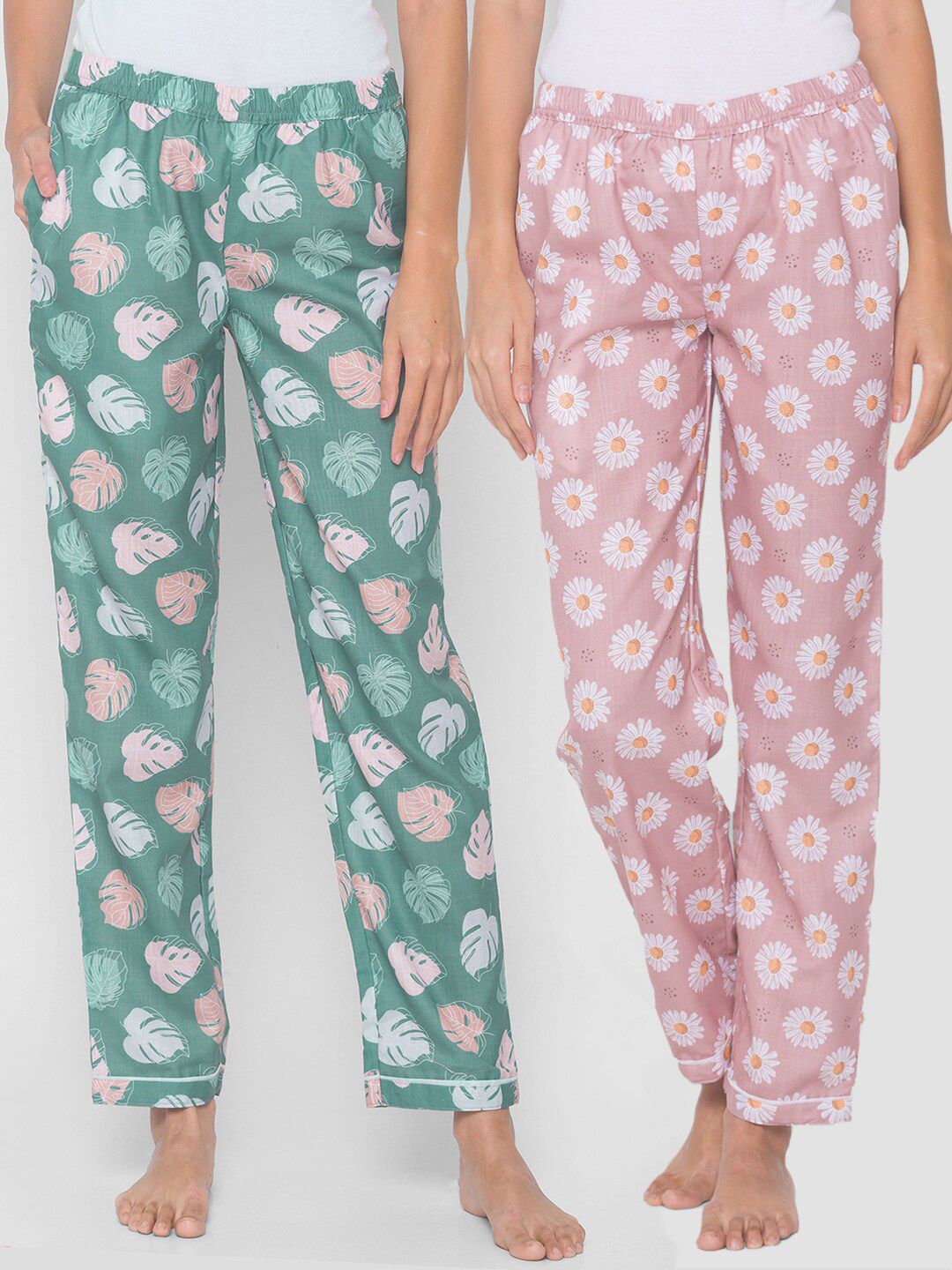 FashionRack Women Pink & Green Pack of 2 Cotton Printed Pyjamas Price in India