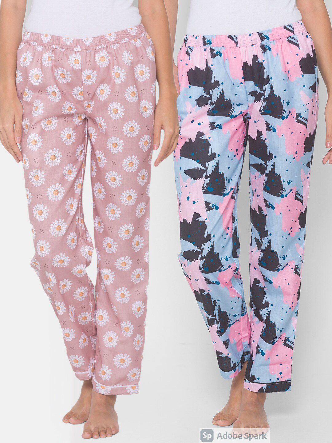 FashionRack Women Pack of 2 Pink & Blue Cotton Printed Lounge Pants Price in India