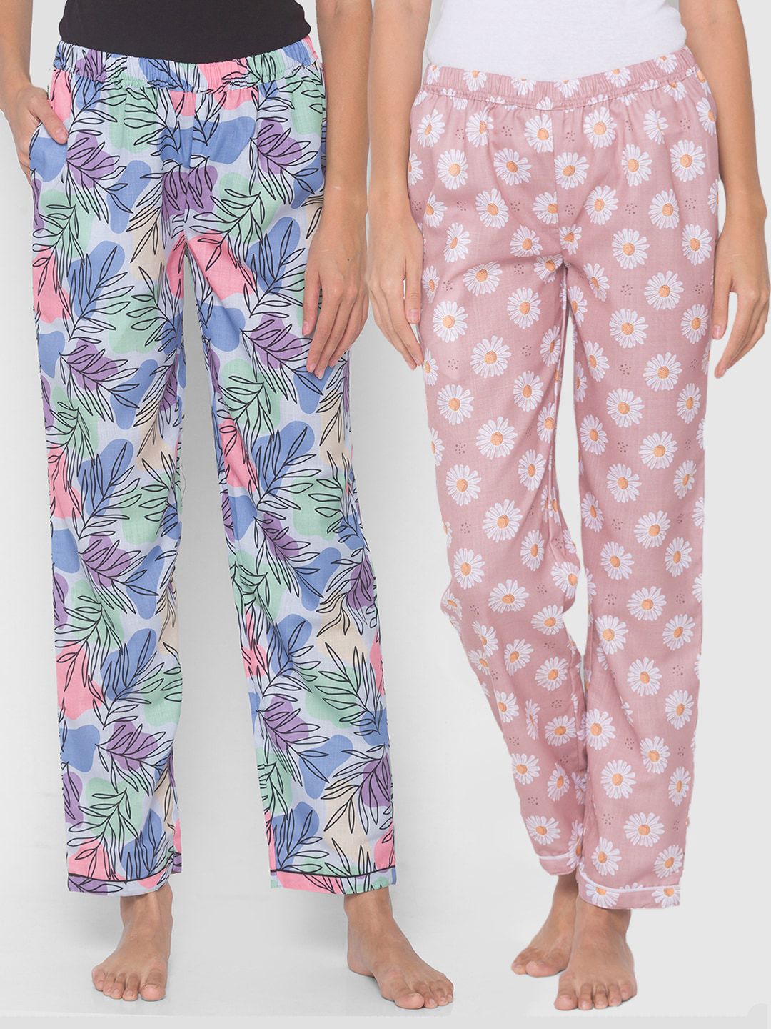 FashionRack Women Pack of 2 Pink & Blue Printed Lounge Pants Price in India