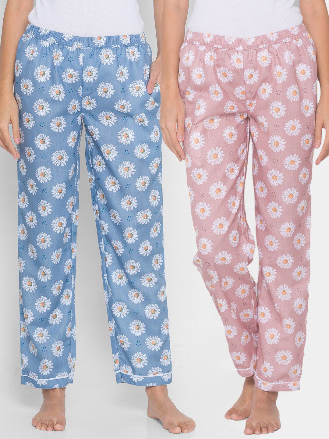 FashionRack Women Pack of 2 Pink & Blue Printed Lounge Pants Price in India