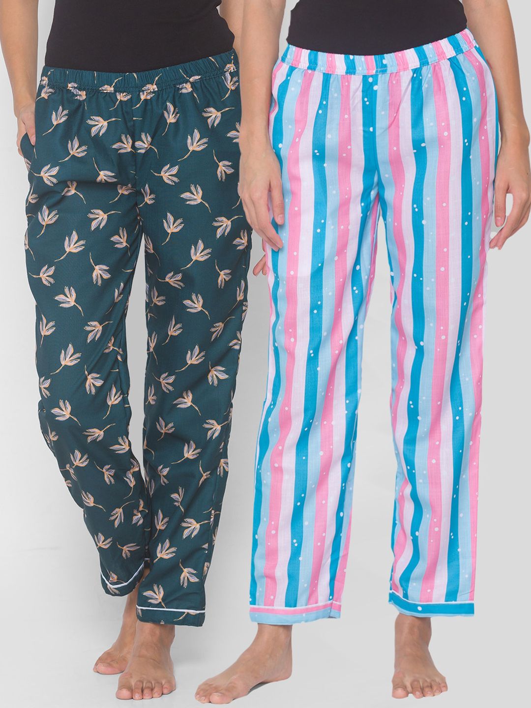 FashionRack Women Pack of 2 Green & Blue Printed Lounge Pants Price in India