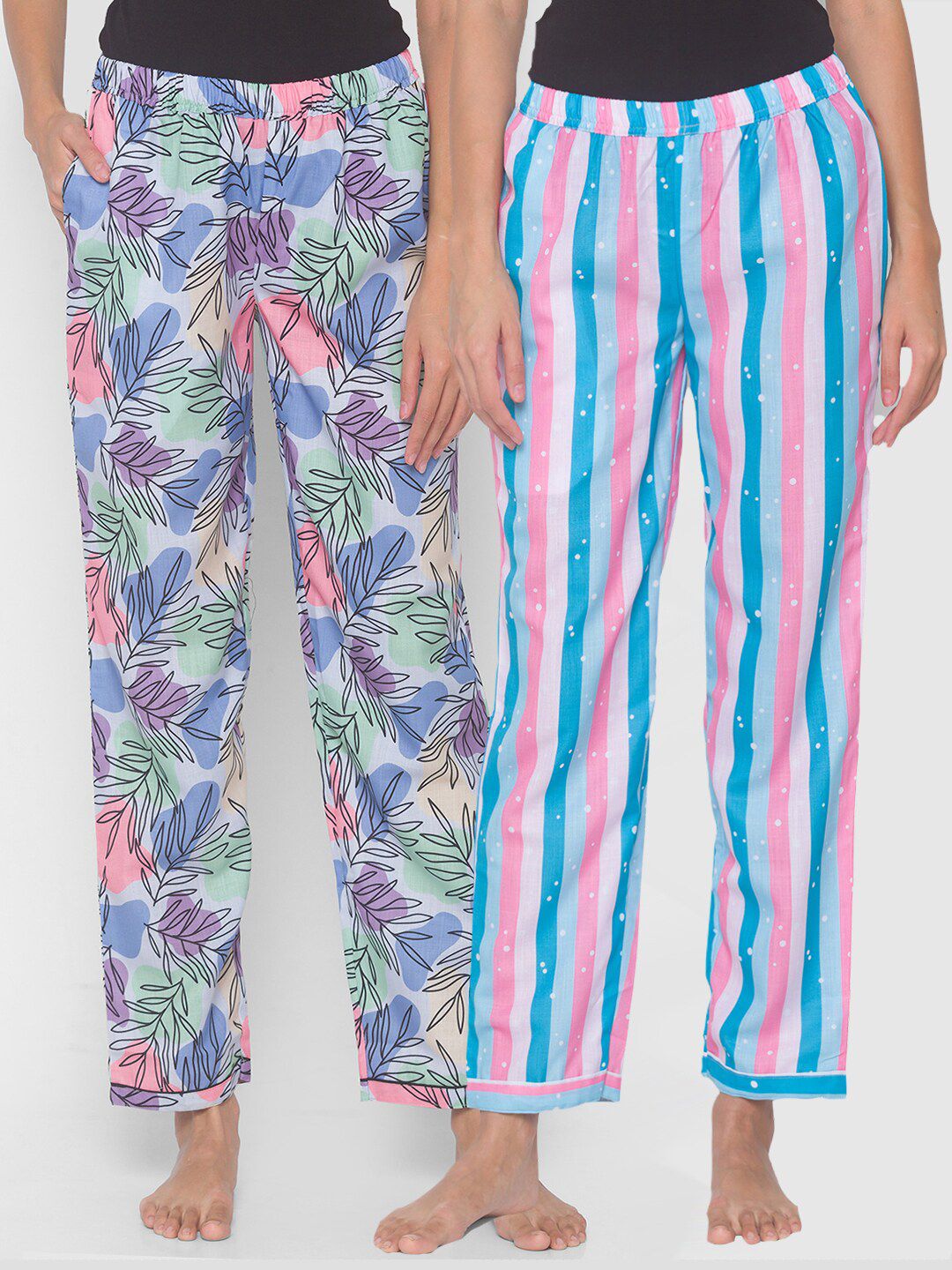 FashionRack Women Pack of 2 Blue & Pink Printed Lounge Pants Price in India