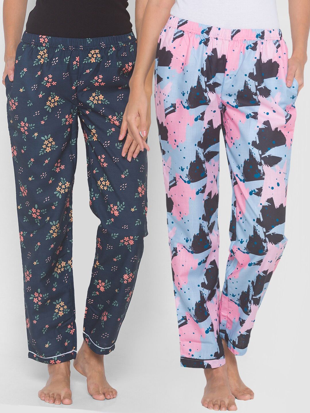 FashionRack Women Pack of 2 Blue & Navy Blue Cotton Printed Lounge Pants Price in India