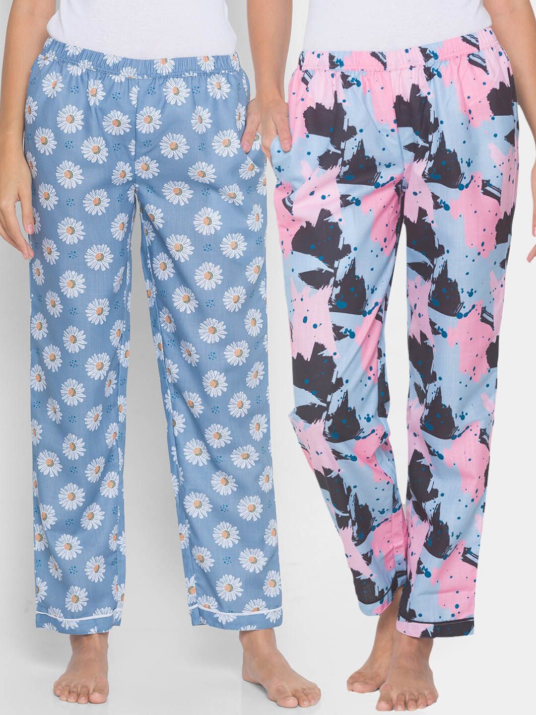 FashionRack Women Pack of 2 Blue & Pink Printed Lounge Pants Price in India