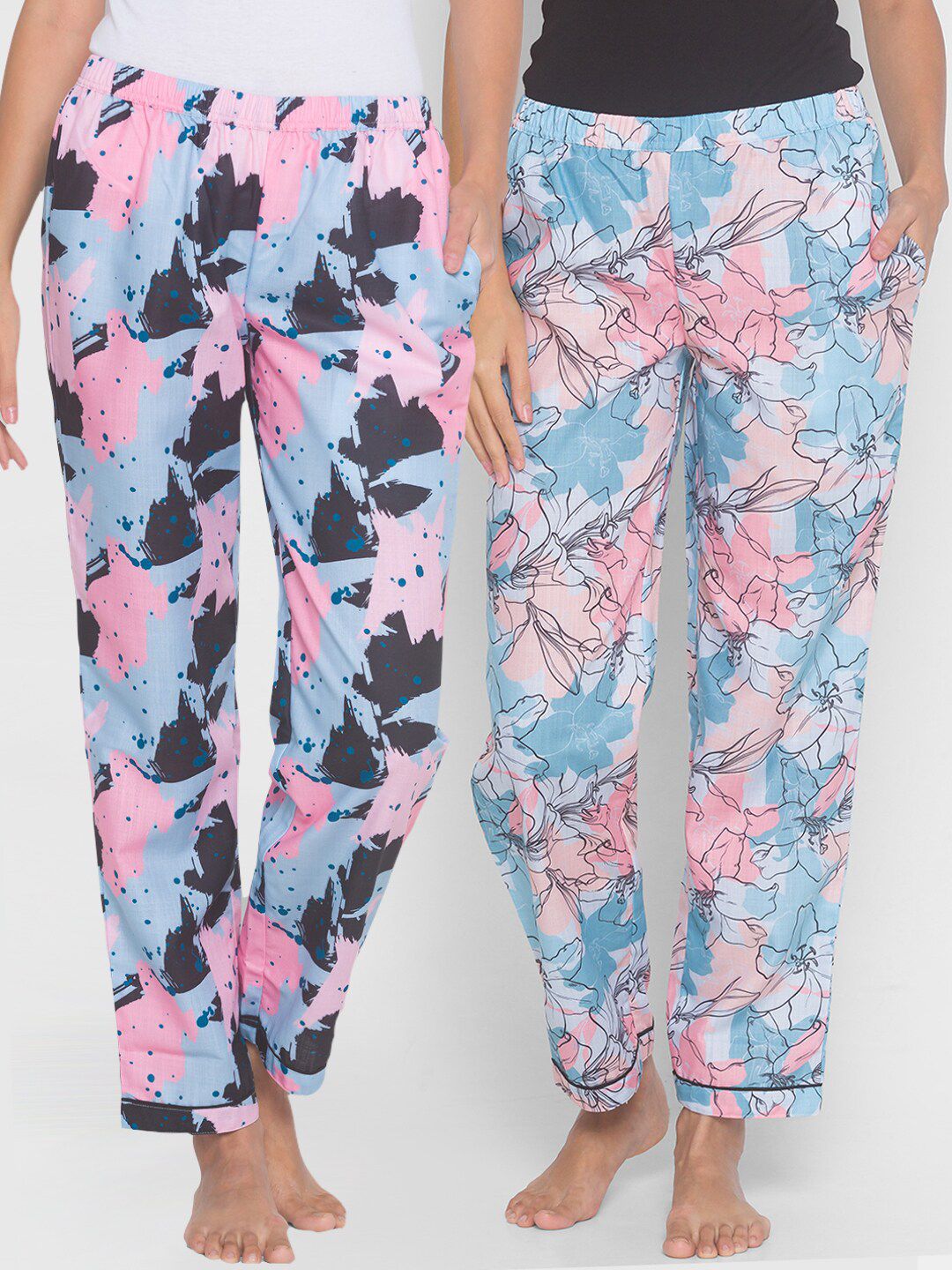 FashionRack Women Blue Pack of 2 Printed Cotton Lounge Pants Price in India