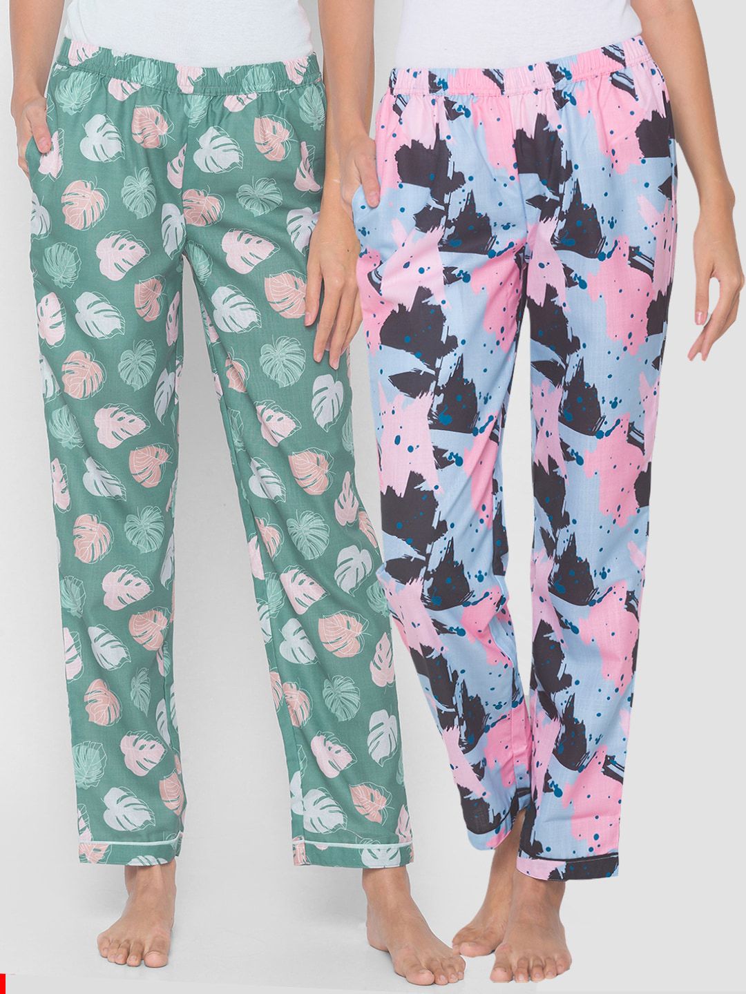 FashionRack Women Pack of 2 Blue & Green Printed Lounge Pants Price in India