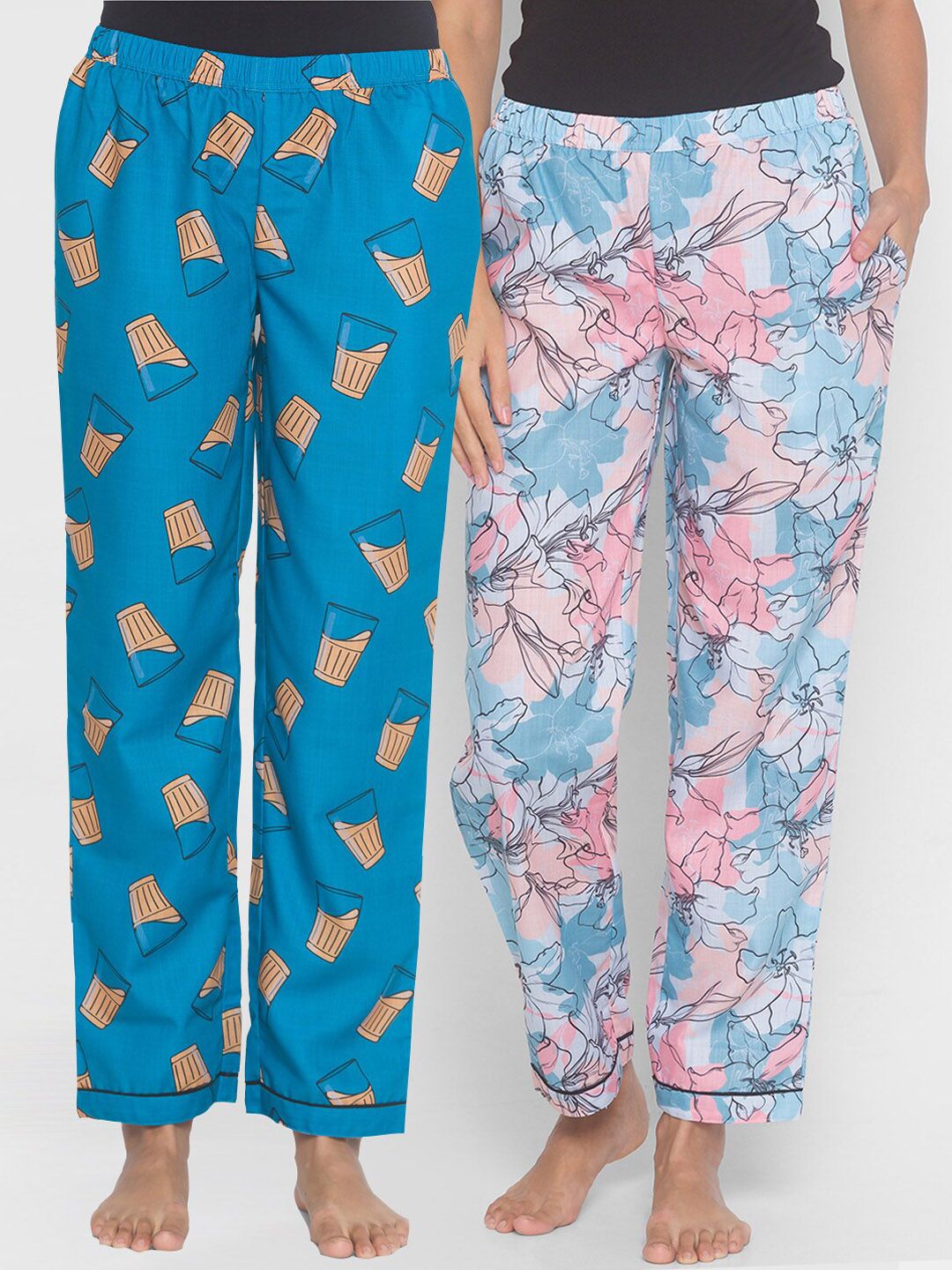 FashionRack Women Pack of 2 Blue Printed Lounge Pants Price in India