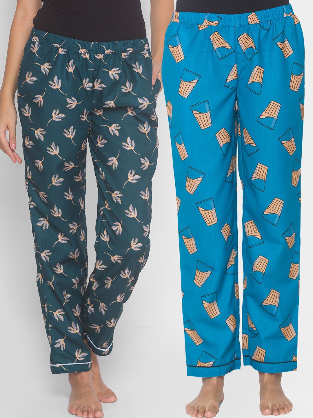 FashionRack Women Pack of 2 Blue & Green Printed Lounge Pants Price in India