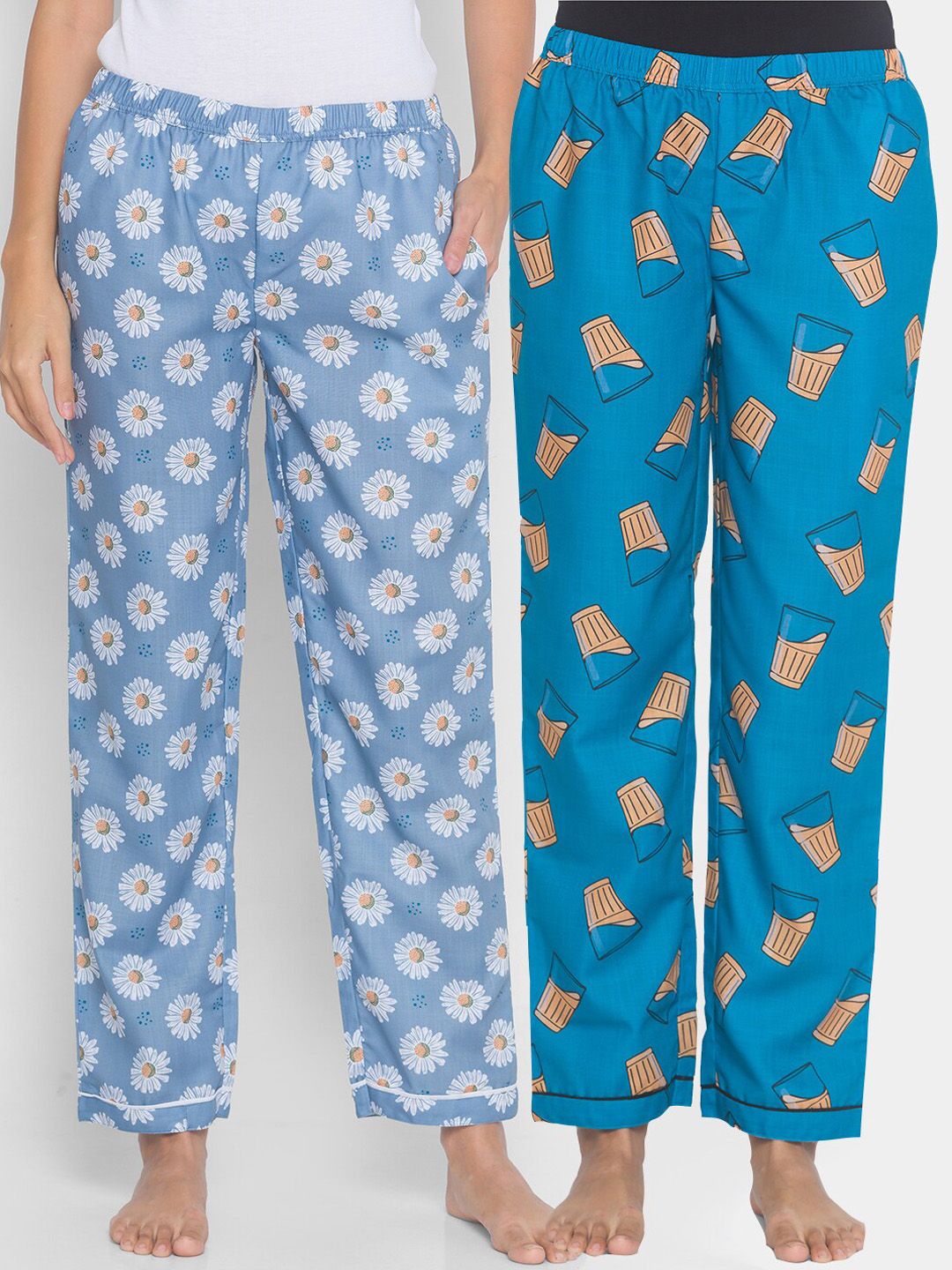 FashionRack Women Pack of 2 Blue Cotton Printed Lounge Pants Price in India