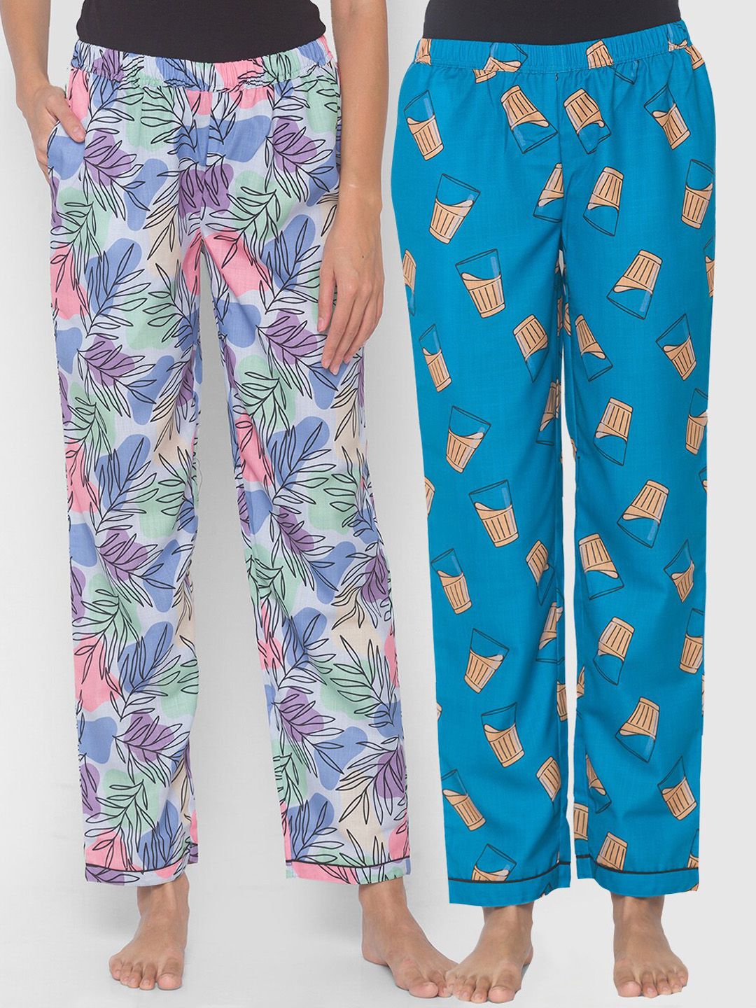 FashionRack Women Pack of 2 Blue Printed Lounge Pants Price in India