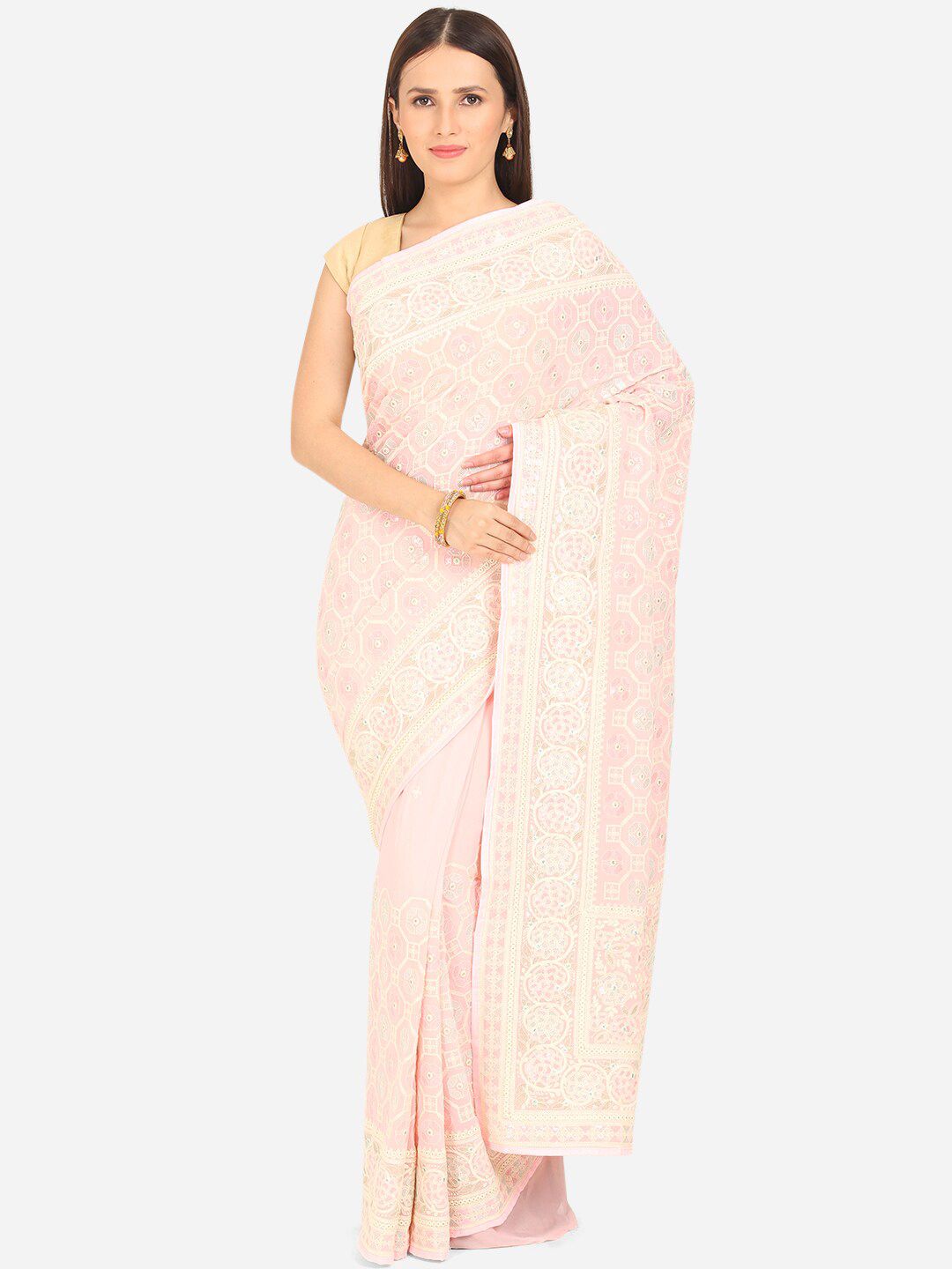 BOMBAY SELECTIONS Pink & Off White Ethnic Motifs Embroidered Saree Price in India