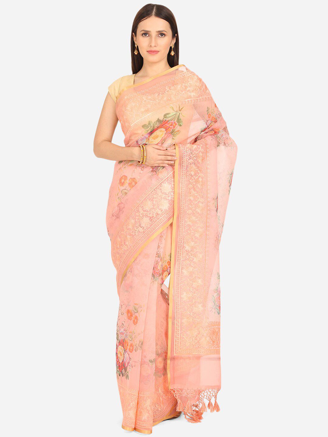 BOMBAY SELECTIONS Peach-Coloured & Green Floral Organza Saree Price in India