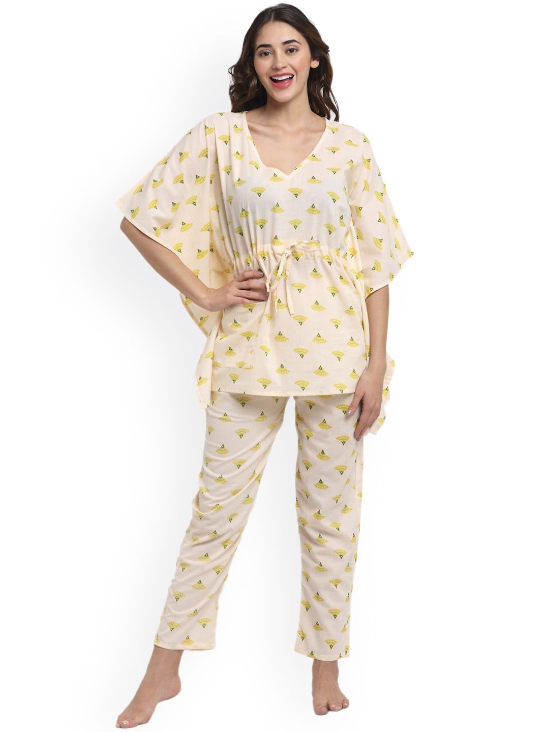 Aujjessa Women Cream-Coloured & Yellow Pure Cotton Printed Night suit Price in India