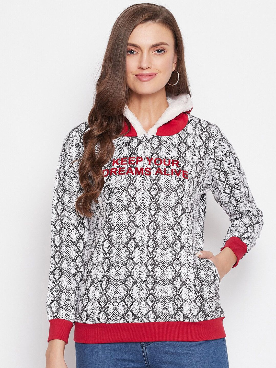 NEVA Women White Printed Hooded Cotton Sweatshirt Price in India