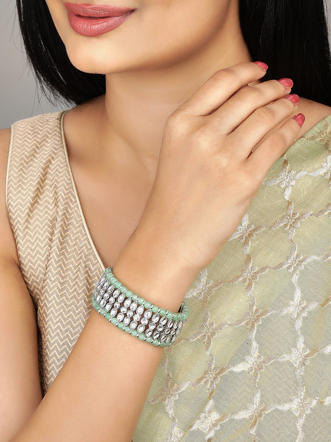 Anouk Women Silver-Toned & Sea Green Kundan Link Bracelet Price in India