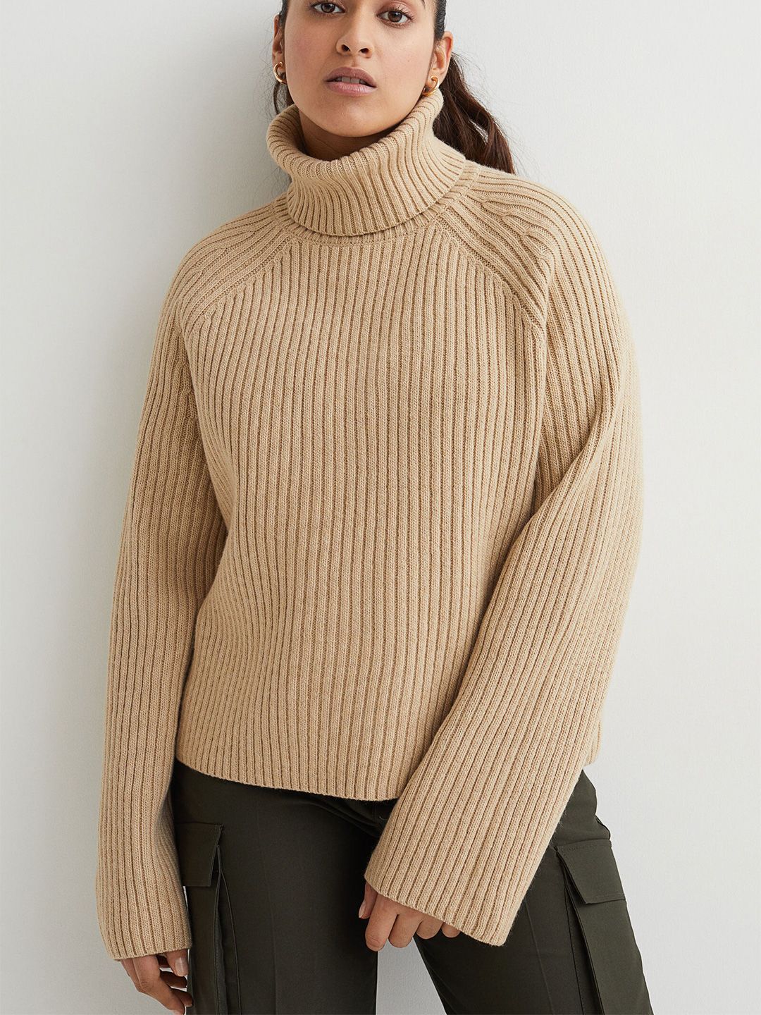 H&M Women Beige Ribbed Polo-Neck Jumper Price in India