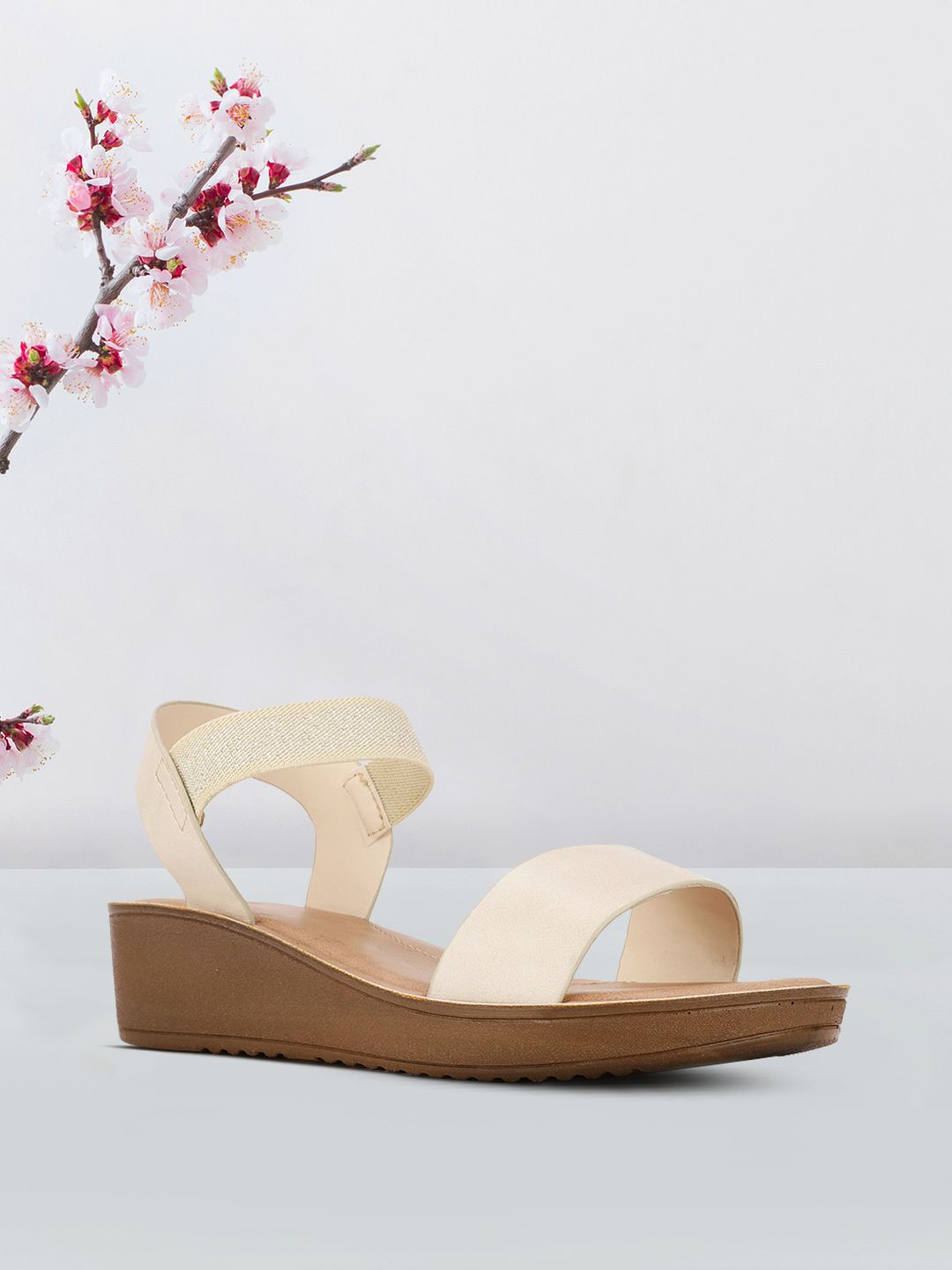 Bata Beige Solid PU Wedge Ankle-Loop Sandals