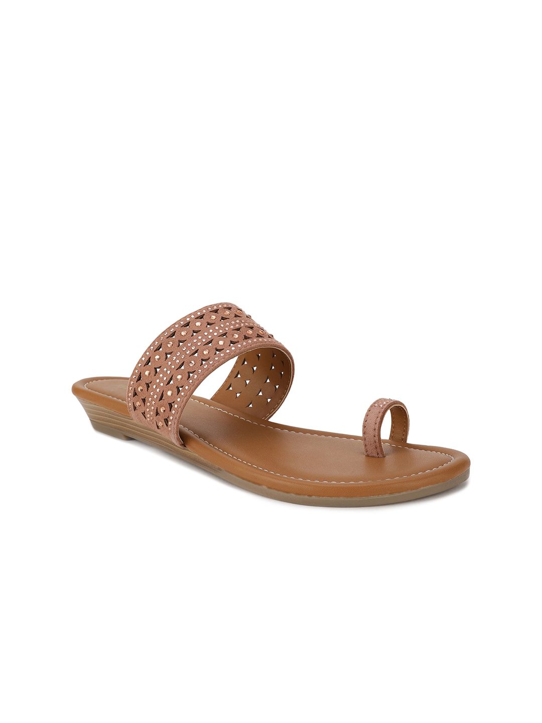 Bata Women Camel Brown Textured One Toe Flats with Laser Cuts Price in India