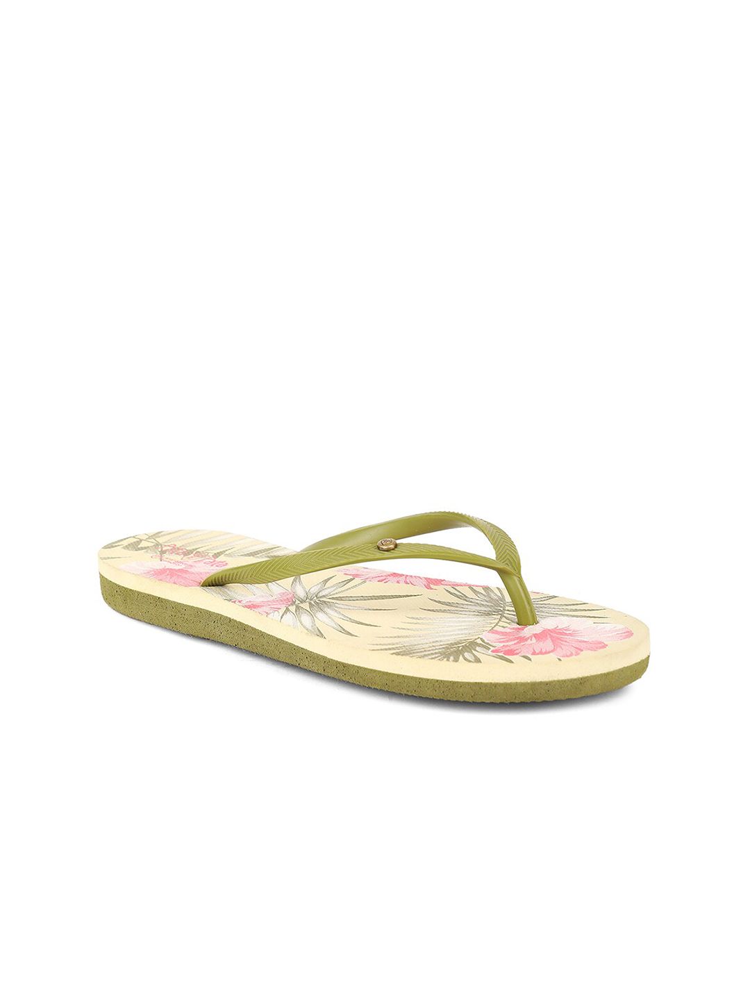 Bata Women Beige & Green Printed Rubber Thong Flip-Flops Price in India