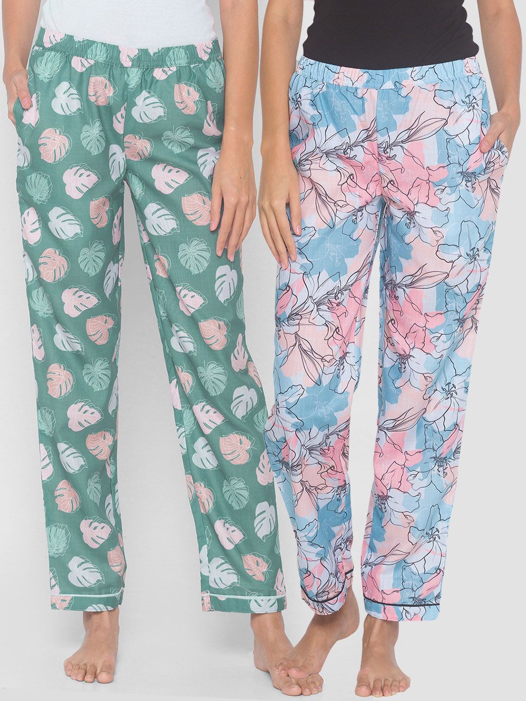 FashionRack Women Blue & Green Pack of 2 Printed Lounge Pants Price in India