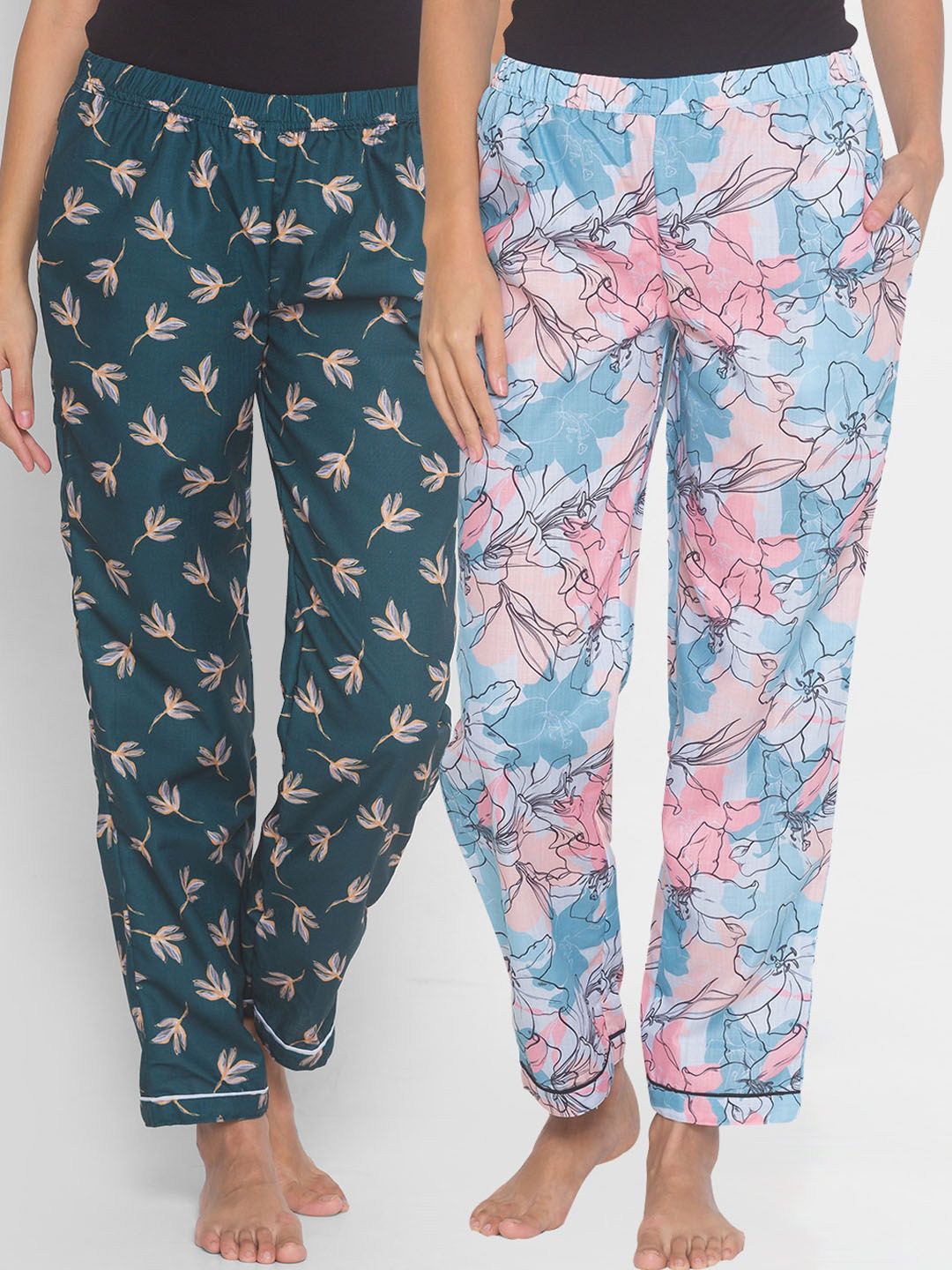 FashionRack Women Blue & Green Pack of 2 Printed Cotton Lounge Pants Price in India