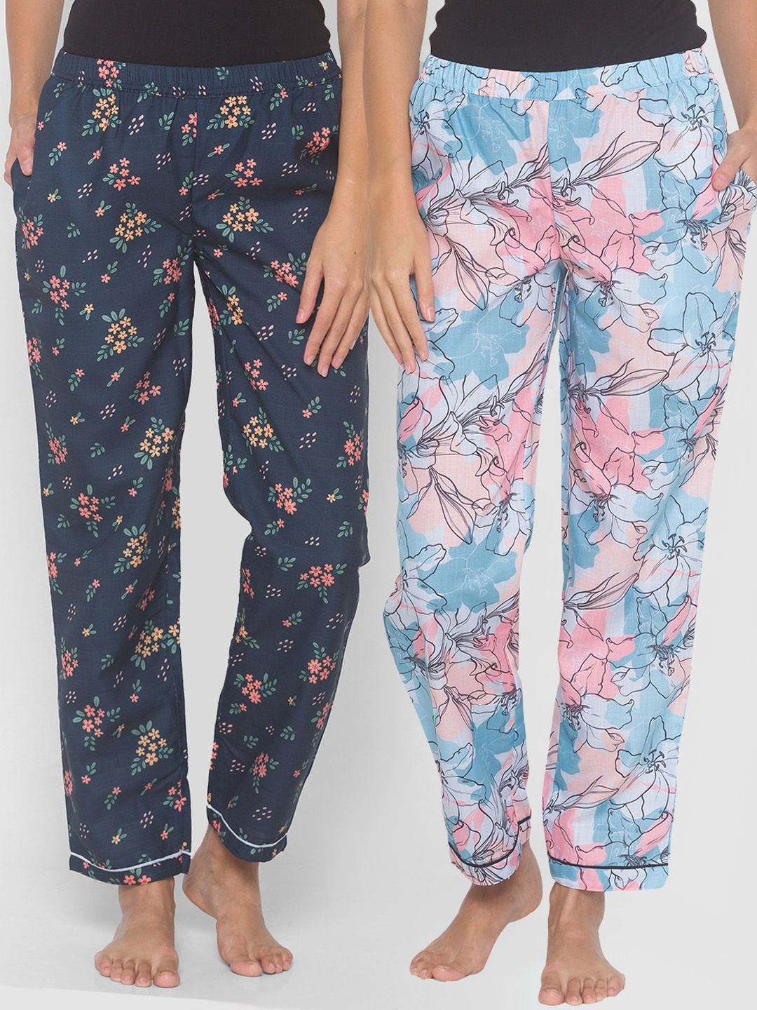 FashionRack Women Pack of 2 Blue & Navy Blue Printed Pyjamas Price in India
