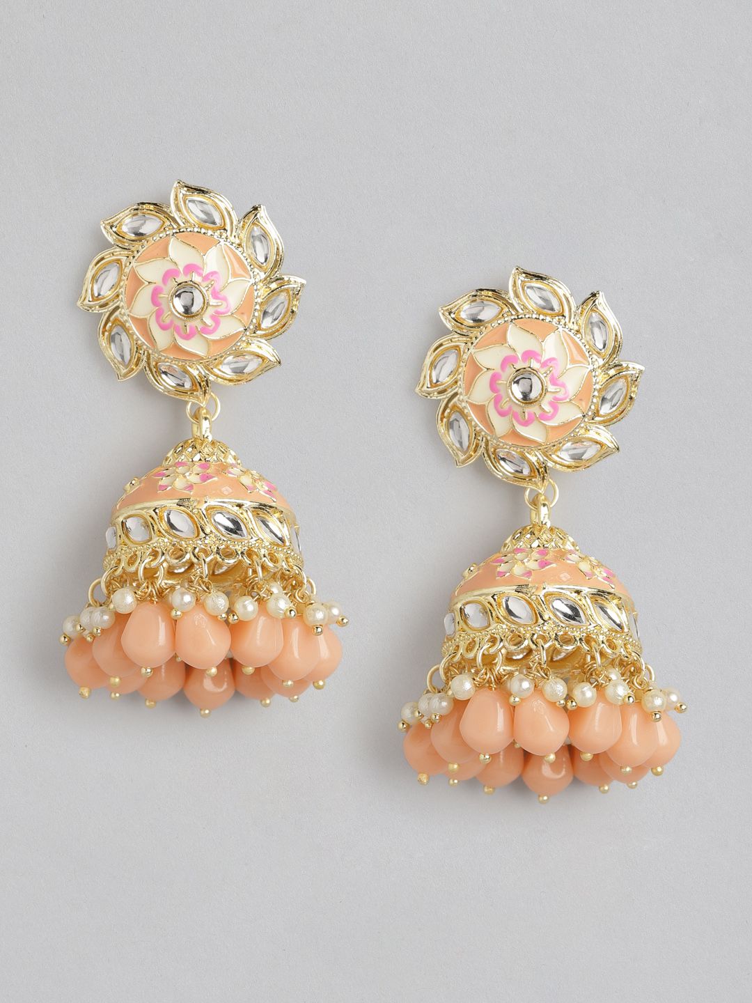 Anouk Gold-Toned & Peach-Coloured Stone Studded & Beaded Enamelled Dome Shaped Jhumkas Price in India