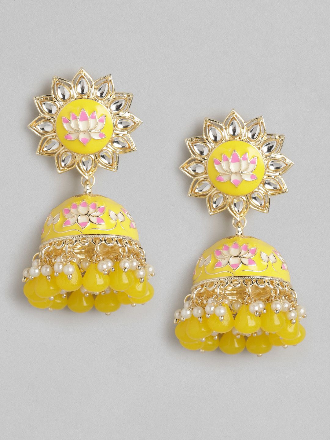 Anouk Gold-Toned & Yellow Stone Studded & Beaded Enamelled Dome Shaped Jhumkas Price in India