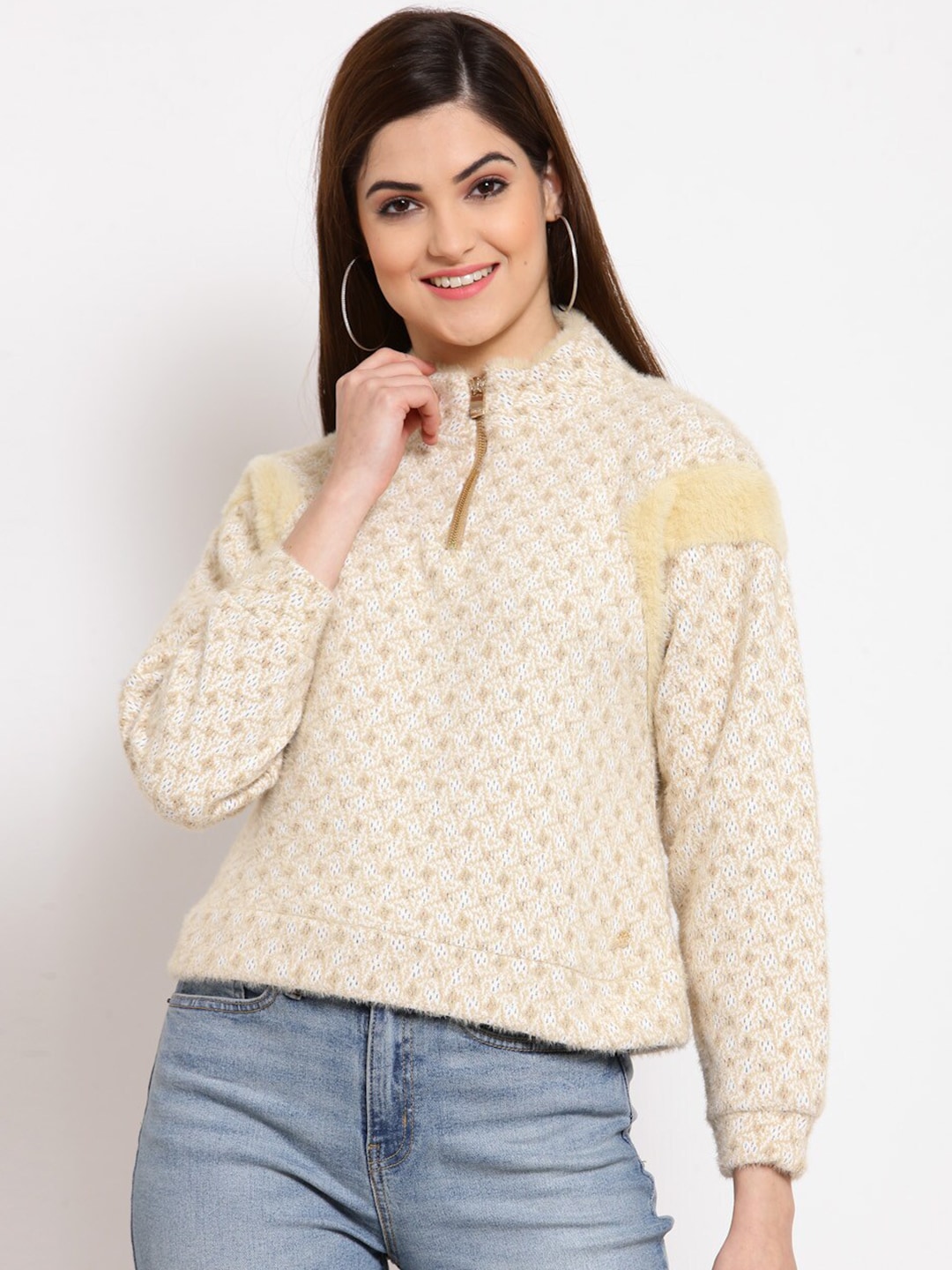 Juelle Women Cream-Coloured & Khaki Pullover with Fuzzy Detail Price in India