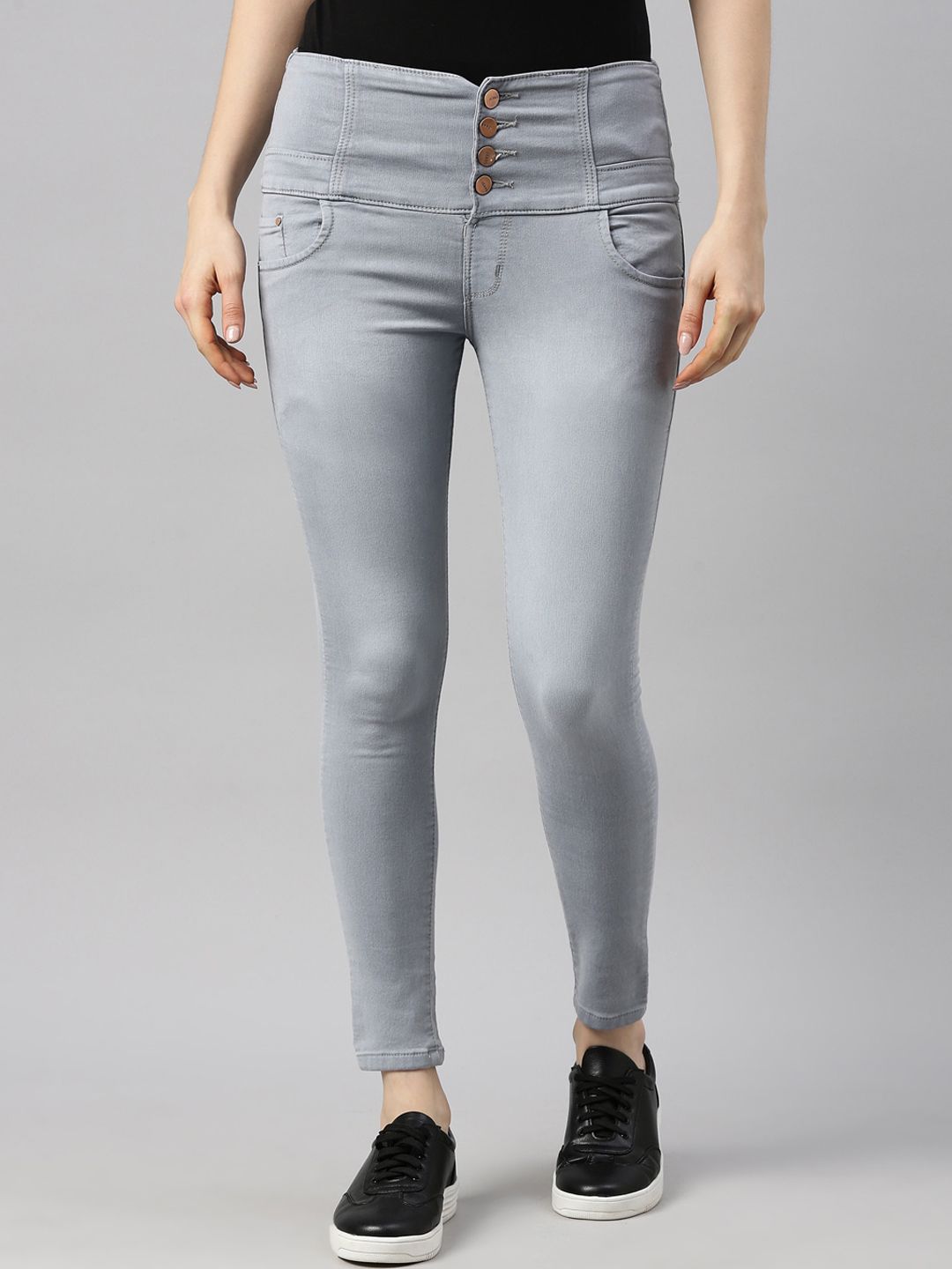 GOLDSTROMS Women Grey Slim Fit High-Rise Low Distress Light Fade Stretchable Jeans Price in India