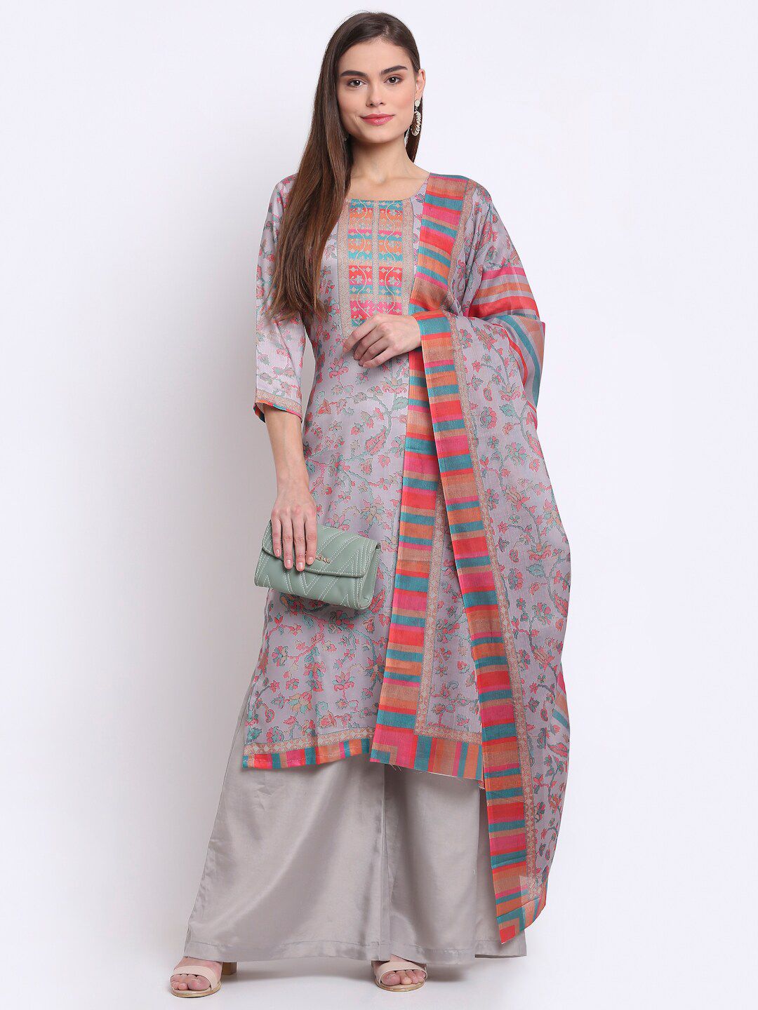 Stylee LIFESTYLE Grey & Pink Digital Printed Unstitched Dress Material Price in India