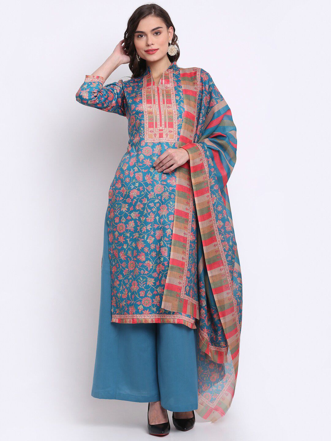 Stylee LIFESTYLE Teal Blue & Red Printed Unstitched Dress Material Price in India