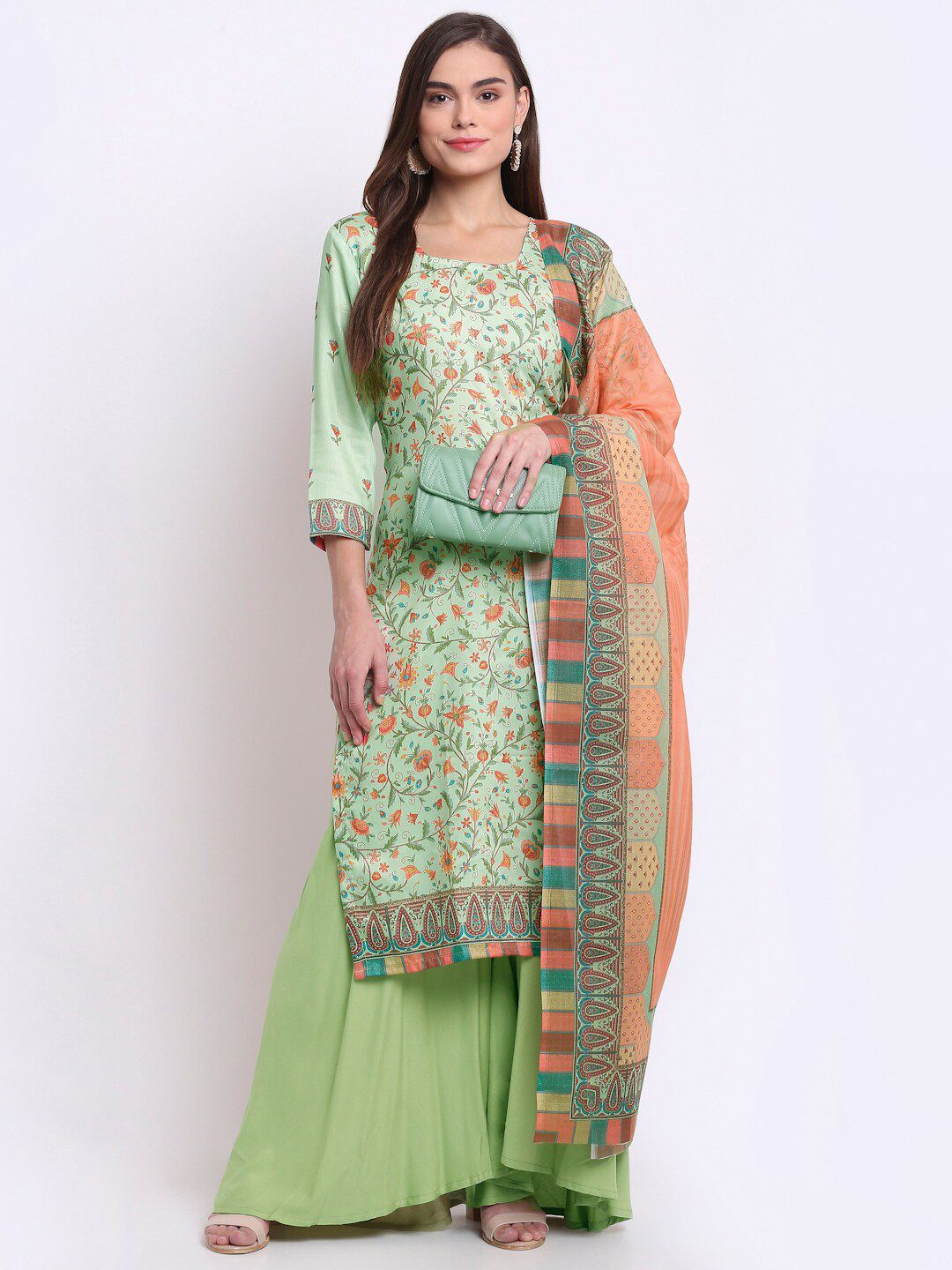 Stylee LIFESTYLE Green & Orange Printed Unstitched Dress Material Price in India