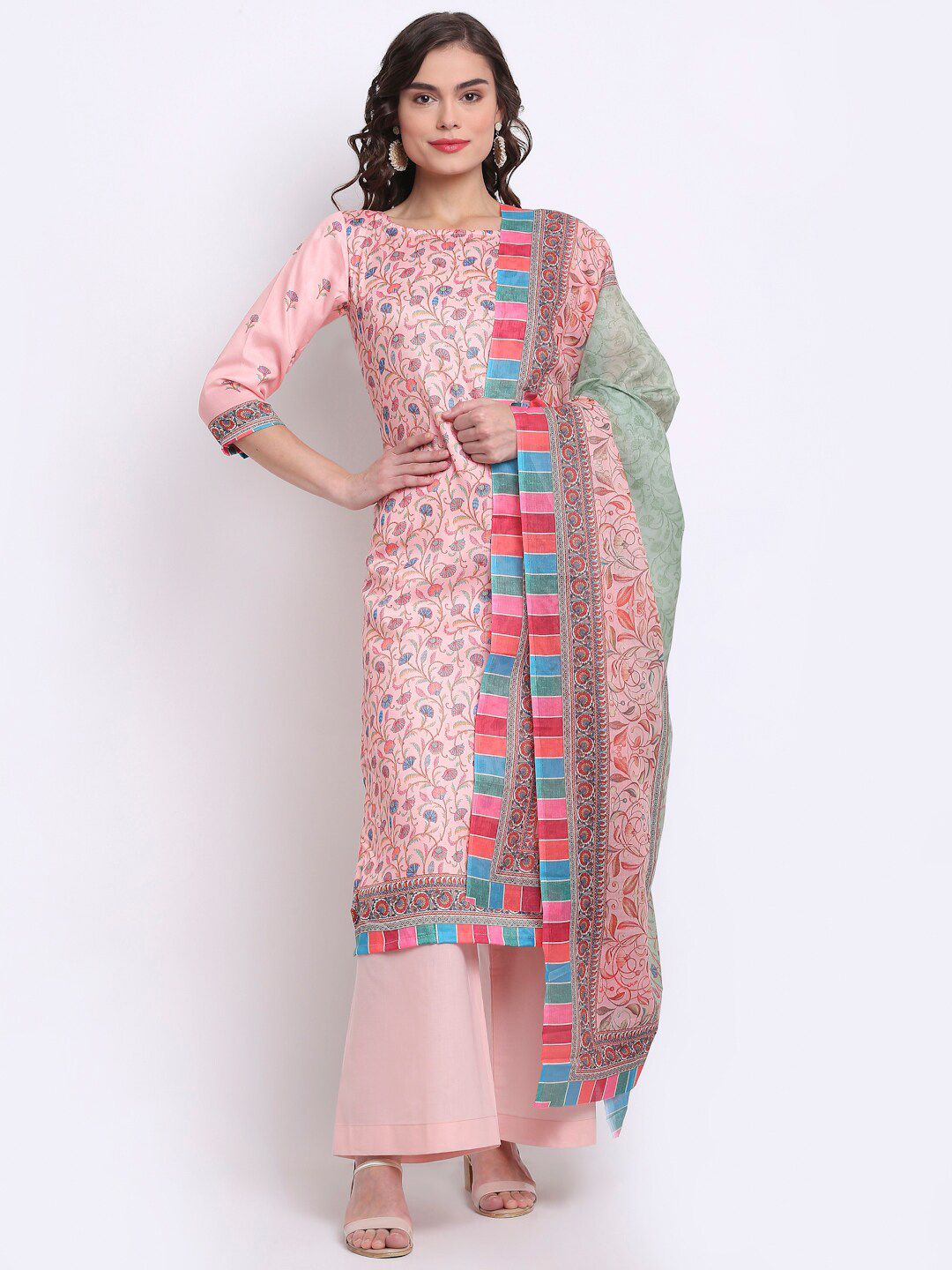 Stylee LIFESTYLE Pink & Green Printed Unstitched Dress Material Price in India