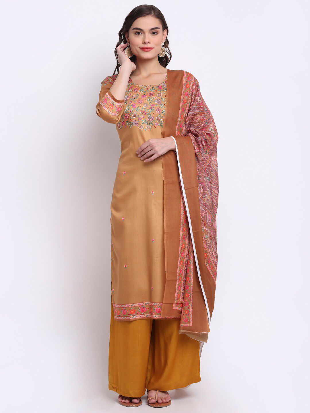 Stylee LIFESTYLE Gold-Coloured & Pink Printed Unstitched Dress Material Price in India