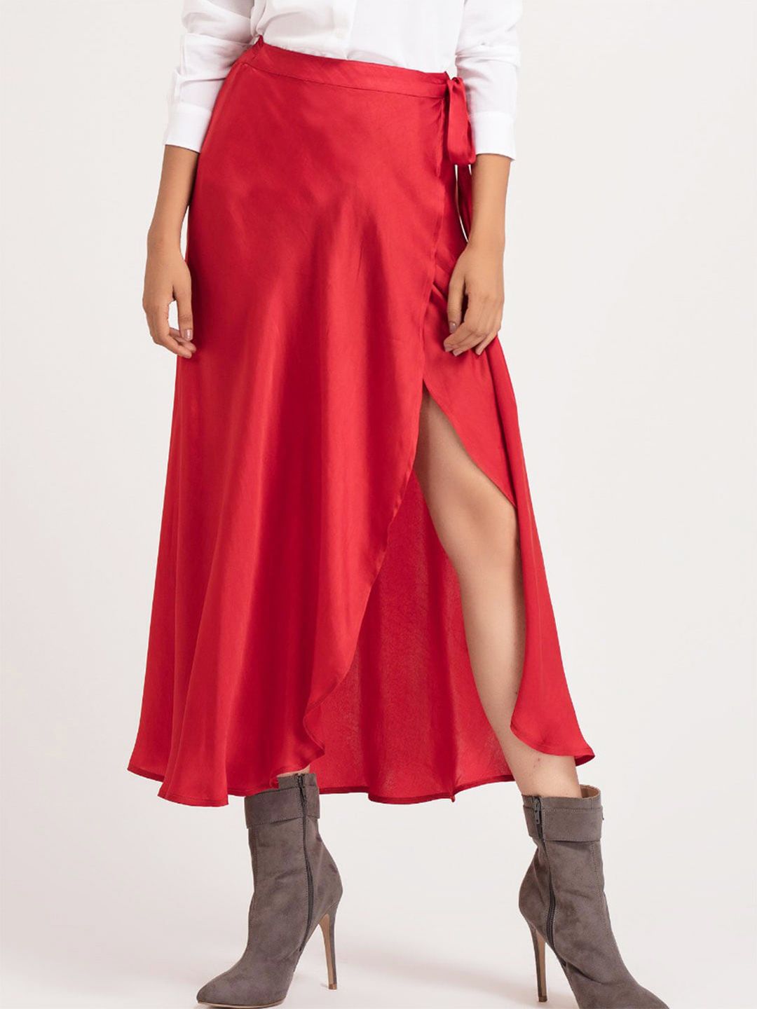 SHAYE Women Red Solid Midi-Length Satin Wrap Skirt