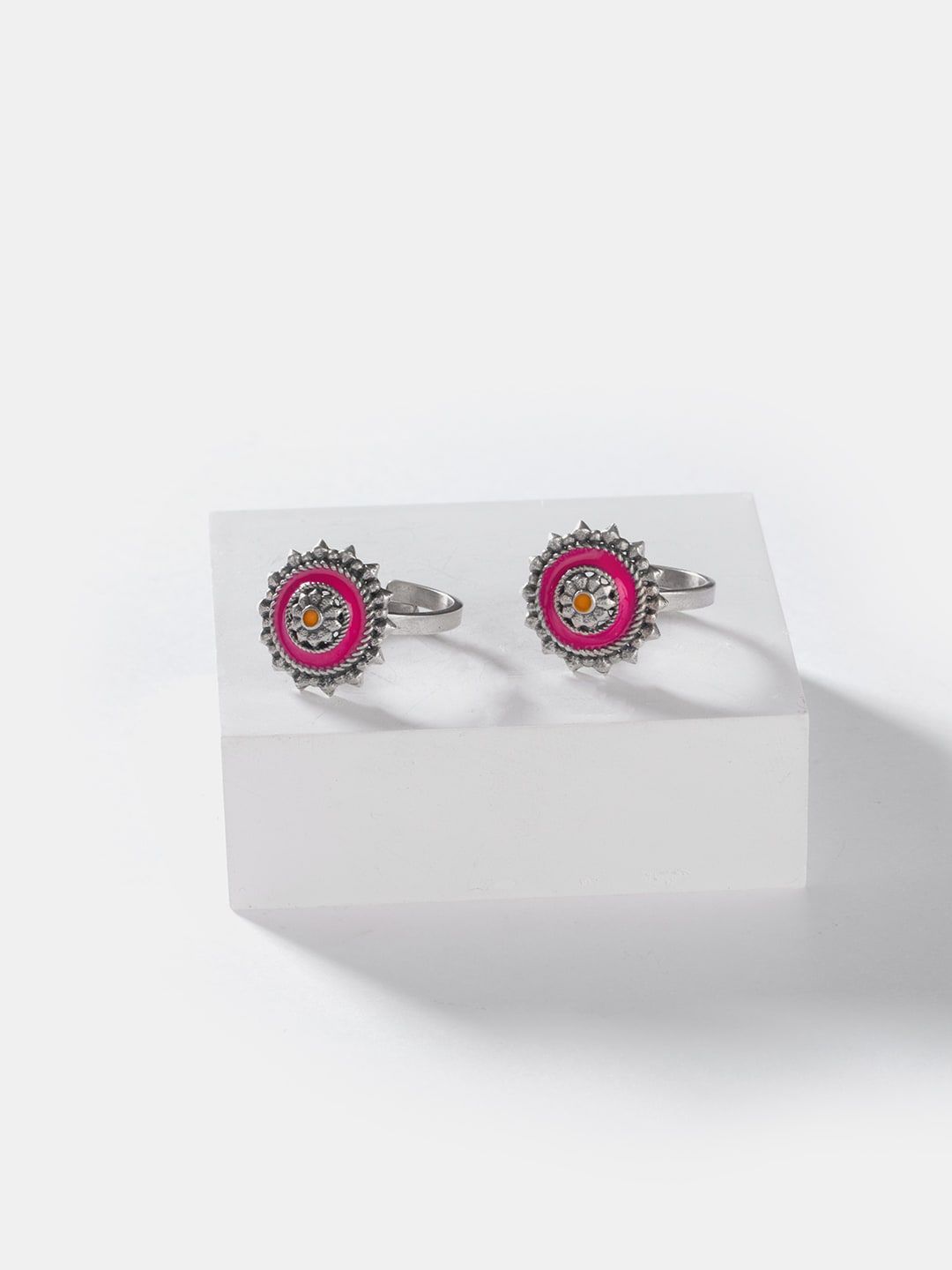 SHAYA Set Of 2 Silver-Toned & Pink Enamelled Adjustable Ethnic Toerings Price in India