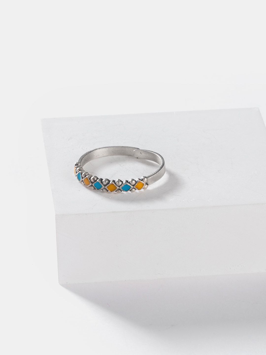 SHAYA Silver-Plated Blue & Yellow Enamelled Adjustable Finger Ring Price in India