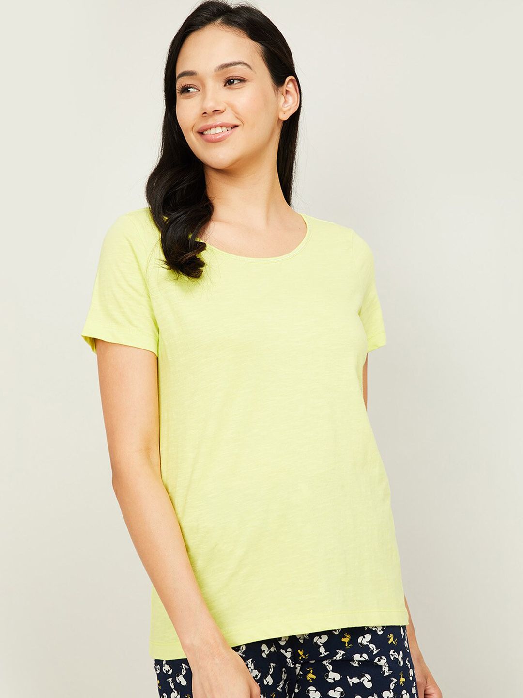 Ginger by Lifestyle Women Lime Green Round Neck Pure Cotton Lounge T-shirt Price in India
